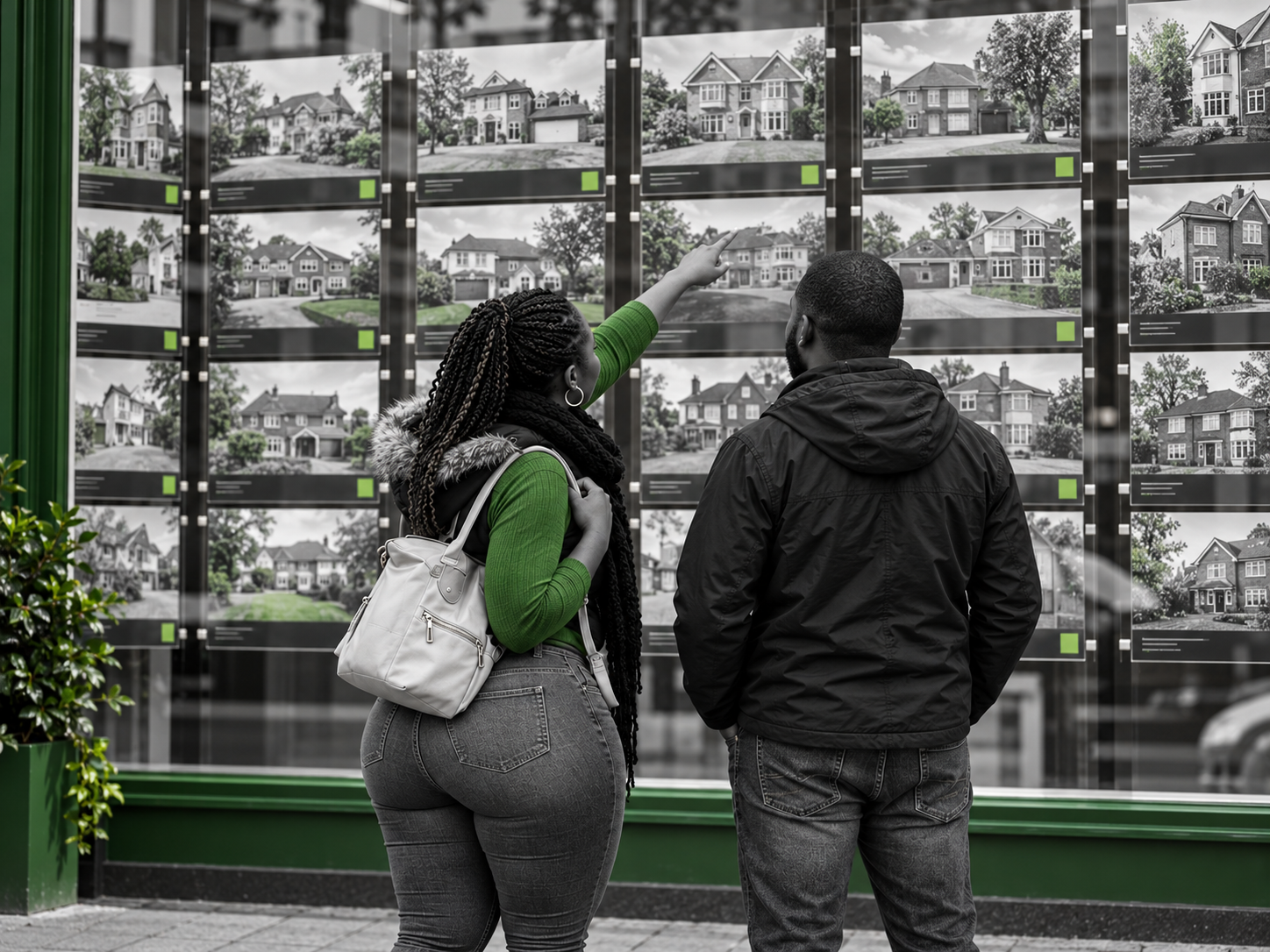 A prospective homebuying couple examines property listings outside an estate agency. With rising house prices, mortgage costs and affordability pressures, finding the right home remains a significant challenge for many first-time buyers.