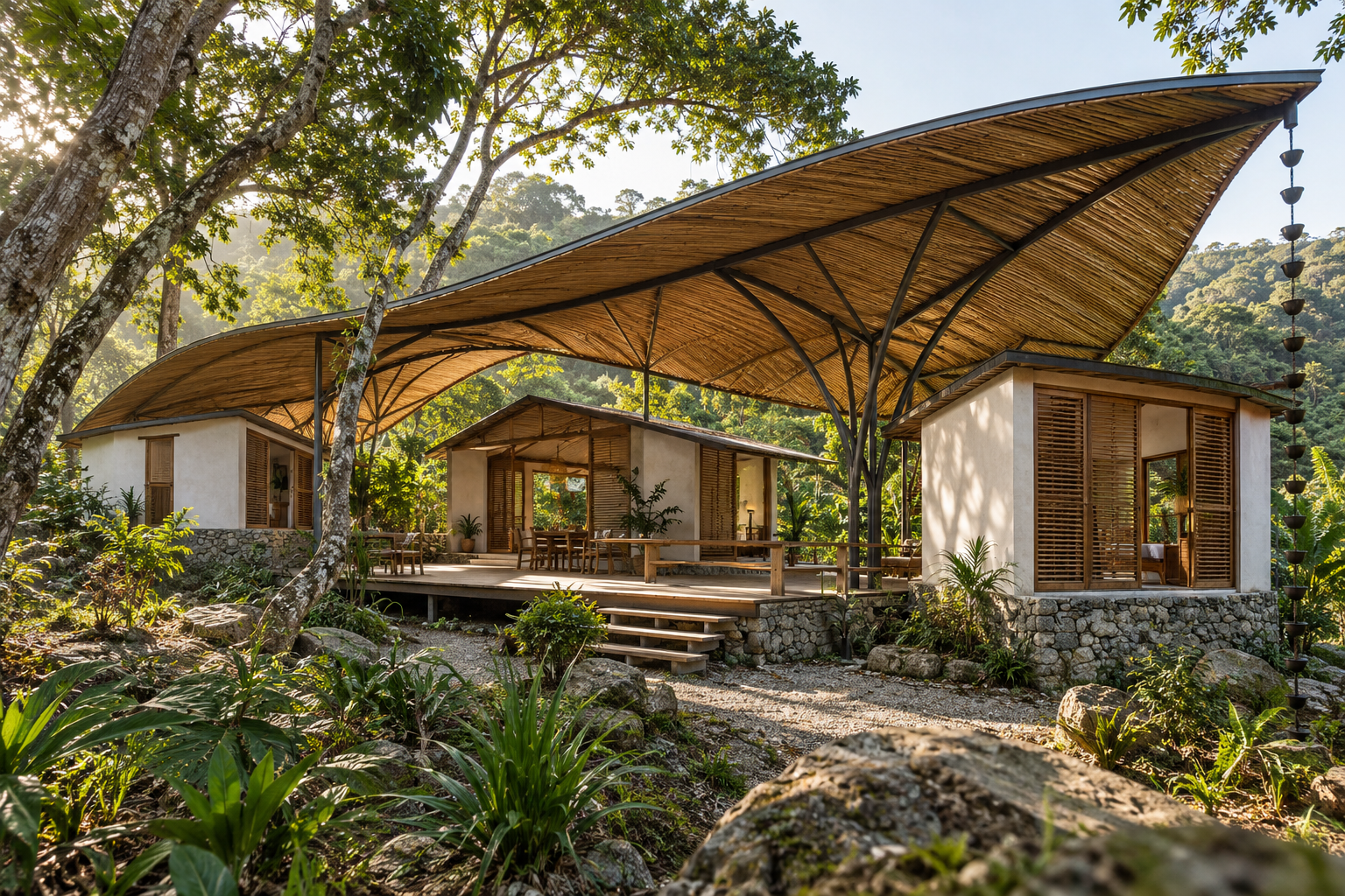 Jamaican pavilion house beneath a sweeping bamboo and steel canopy with separate plastered rooms, timber shutters and a shaded shared deck