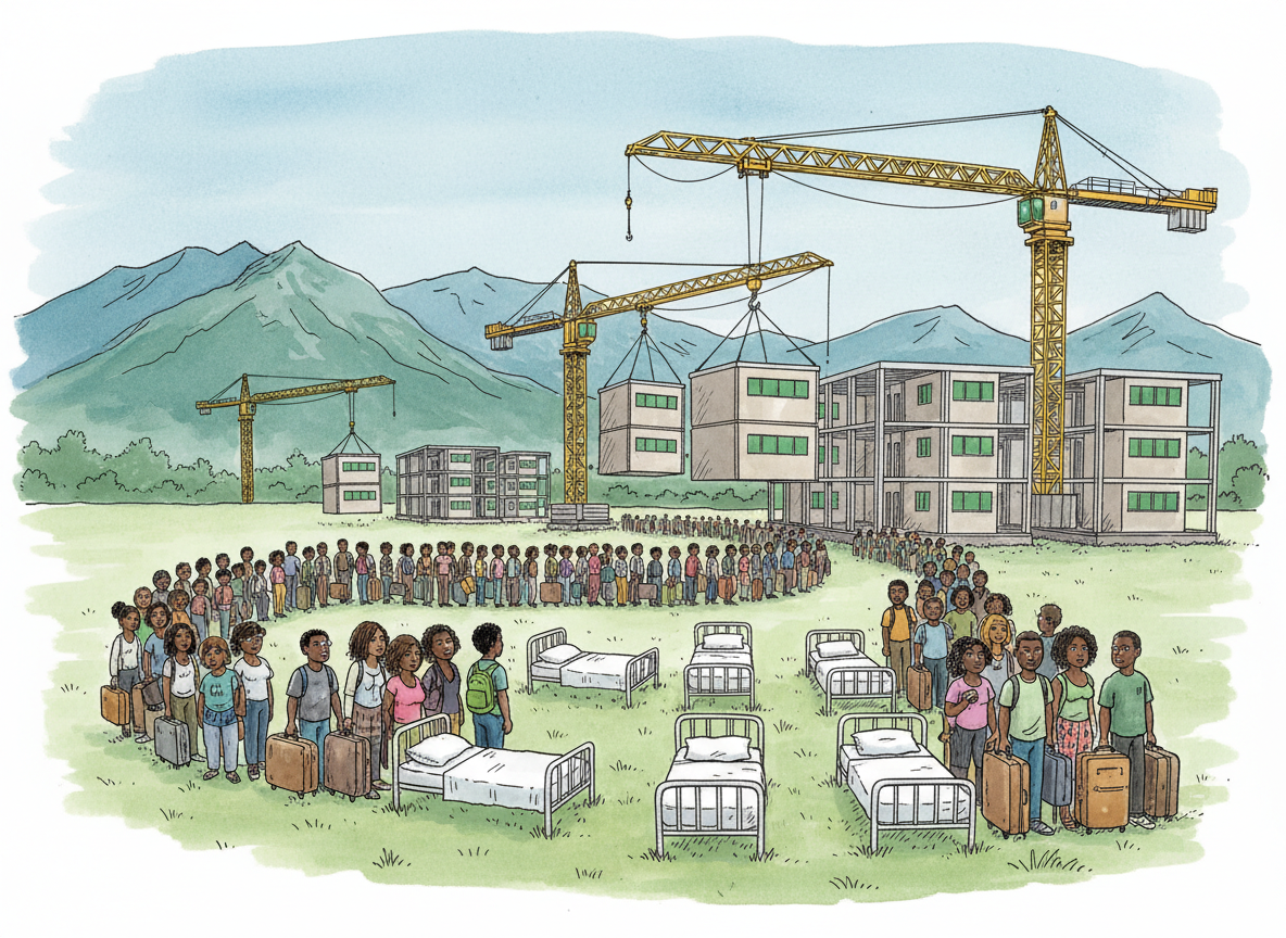 A watercolour cartoon of a long queue of students with suitcases as cranes lift new dormitory blocks onto a campus below the mountains.