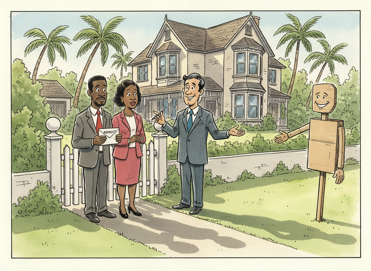 A Jamaican couple with a deposit envelope faces an agent whose shadow reveals he is a cardboard cut-out.