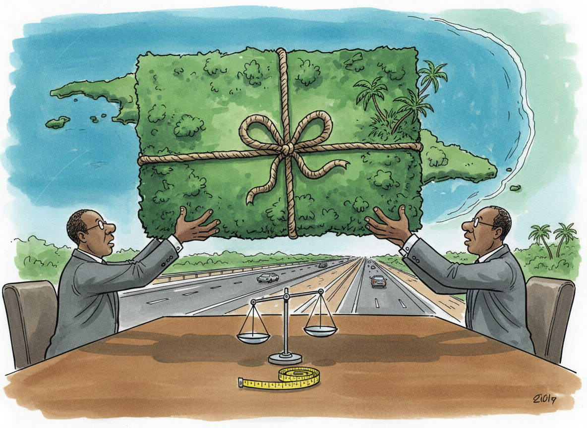 Cartoon of north-coast land wrapped as a parcel and handed over beside empty scales and an unused tape measure.