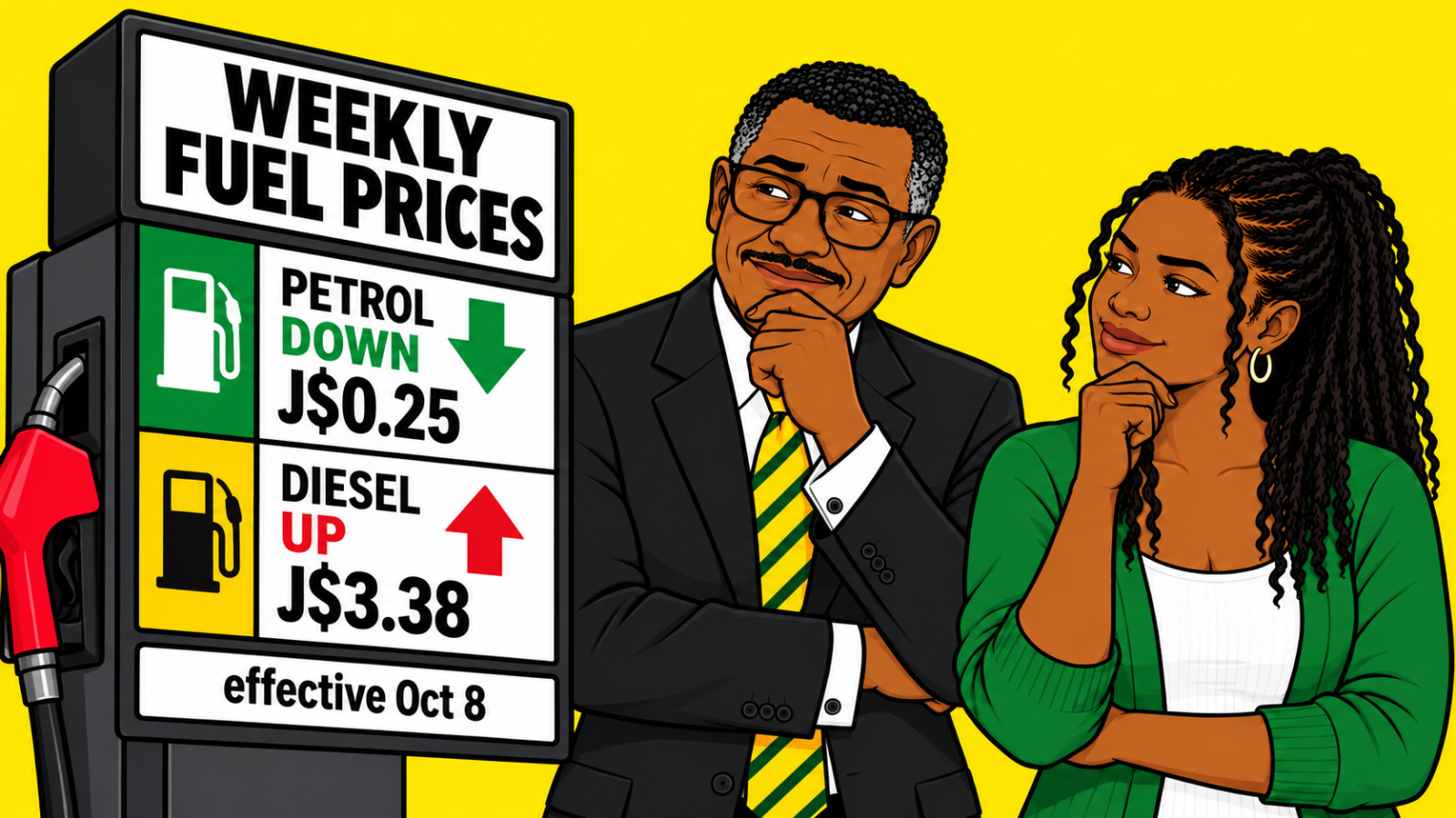Illustrated Jamaica Homes weekly fuel price graphic showing petrol down J$0.25 and diesel up J$3.38, effective October 8, 2026.