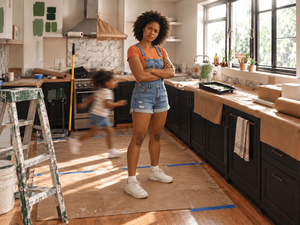 A homeowner surveys the chaos of a kitchen renovation as her child races through the background, capturing the frustration of improving a home while juggling the demands of everyday family life.