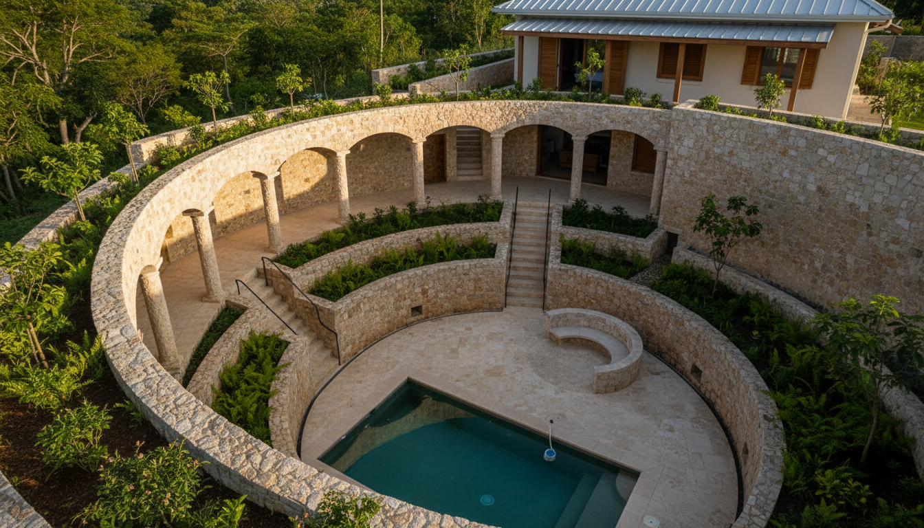Wide view of a Jamaican hillside courtyard with curved limestone walls, vaulted arcade, and a small plunge pool.