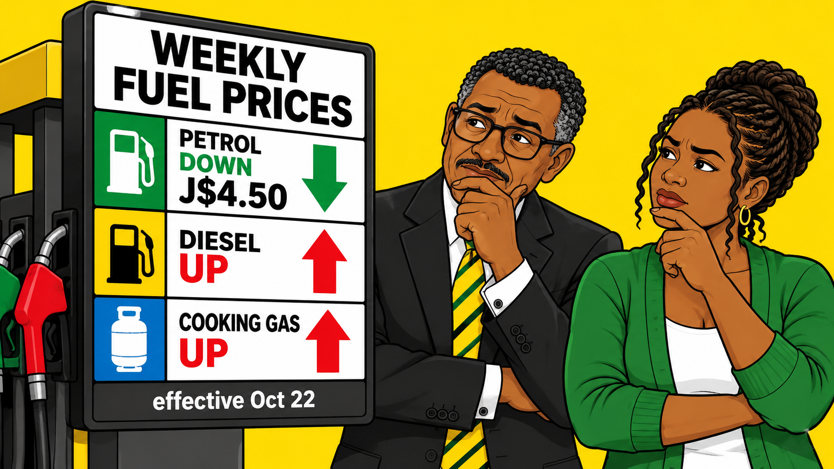 Illustrated Jamaica Homes weekly fuel price graphic showing petrol down J$4.50, with diesel and cooking gas rising, effective October 22, 2026.