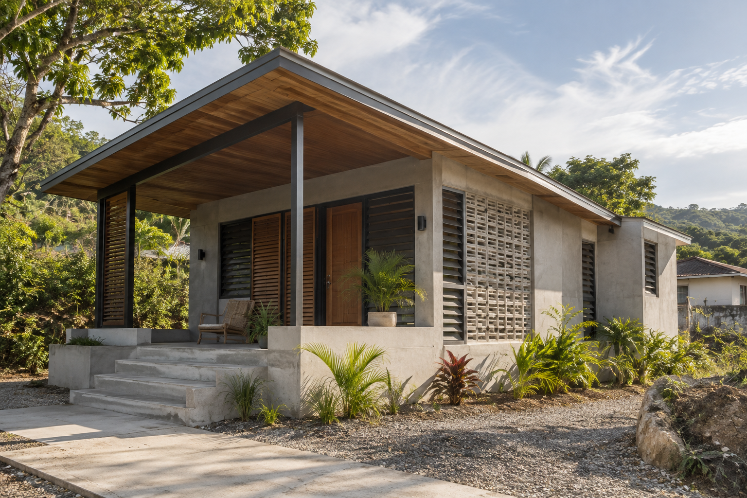Compact Jamaican starter home concept with concrete walls, deep shaded veranda, timber soffits, louvred openings and a pitched metal roof