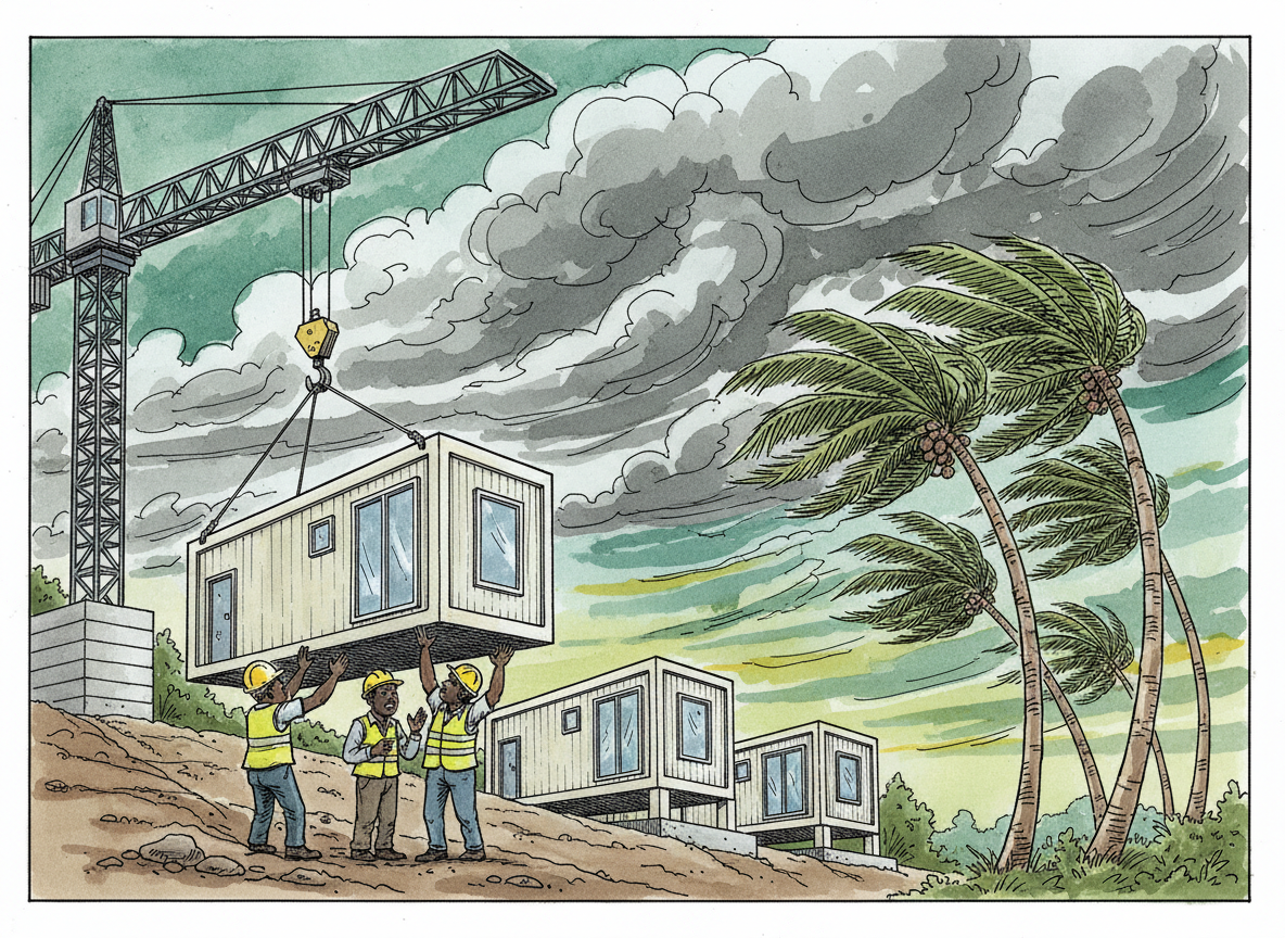 A crane lowers a modular house section onto a hillside base as palm trees bend in a strong wind.
