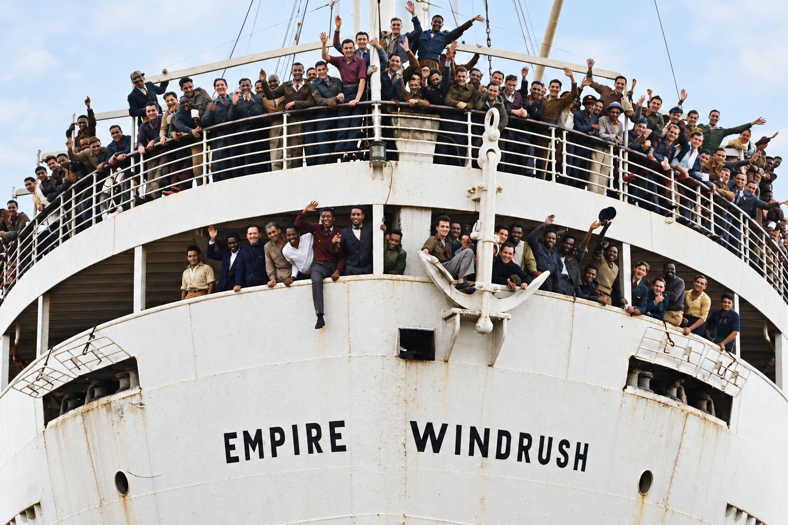 Passengers aboard the Empire Windrush, whose 1948 arrival in Britain came to symbolise the Windrush generation and the enduring contribution of Caribbean people to modern British life.