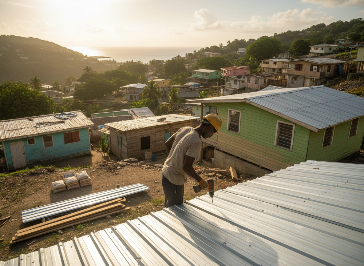 A worker fixes new zinc roofing sheets on a modest family home